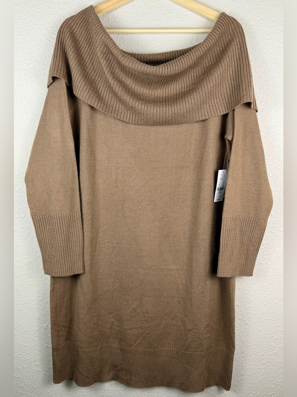 NY&Co Soho Street Tunic Sweater Womens L Taupe Cowl Off Shoulder NWT $59